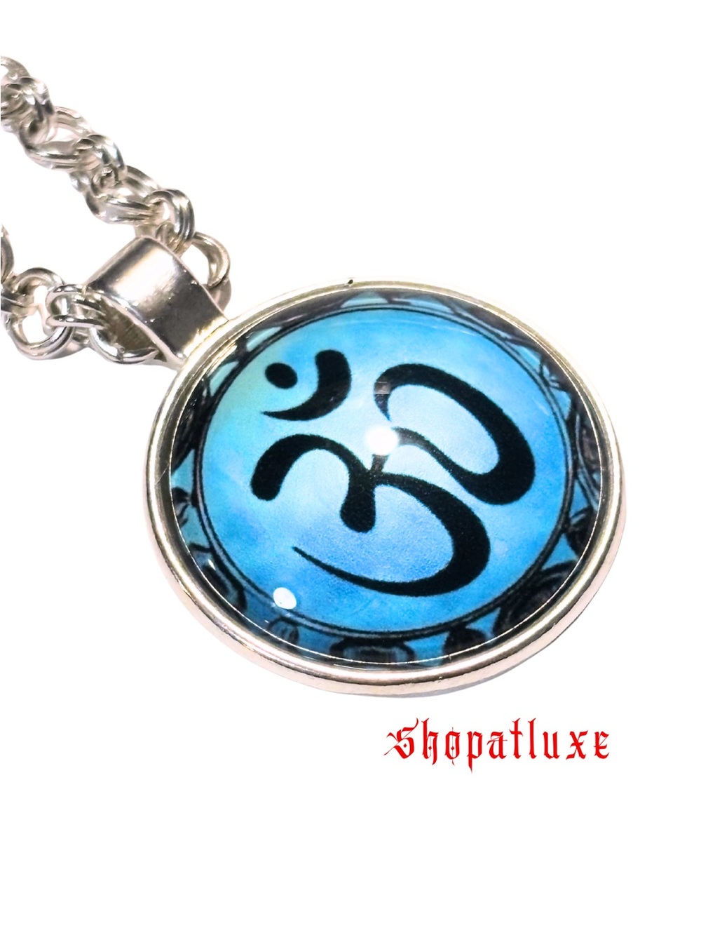 Blue Ohm Symbol Pendant With Handwoven Necklace -